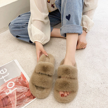 Autumn and Winter New Outdoor Women's Fluffy Shoes One-Strap Women's Plush Slippers Korean Casual Home Wool Sleeper