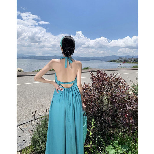 IKEARLAX  Sanya Seaside Vacation Style Sexy Backless Halter Dress Summer Thailand Bali Beach Fairy Long Skirt