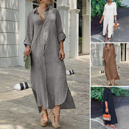 ikearlax Independent Station  Wish HOTan and NEWn Cotton and Linen Dress  New Blouse Collar Cotton and Linen Button Dress