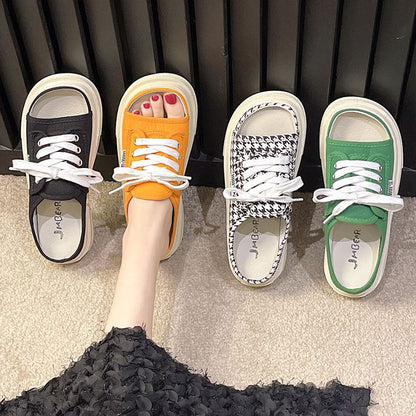 Internet Celebrity Canvas Semi-Slippers Women's Outdoor Ins Fashionable  Summer New Fashion All-Match Slip-on Platform Sandals