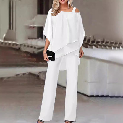 Batwing Sleeve Top and Trousers Women's Casual Strapless Irregular Party Suit Elegant Two-Piece Set  Spring, Summer, Autumn 66