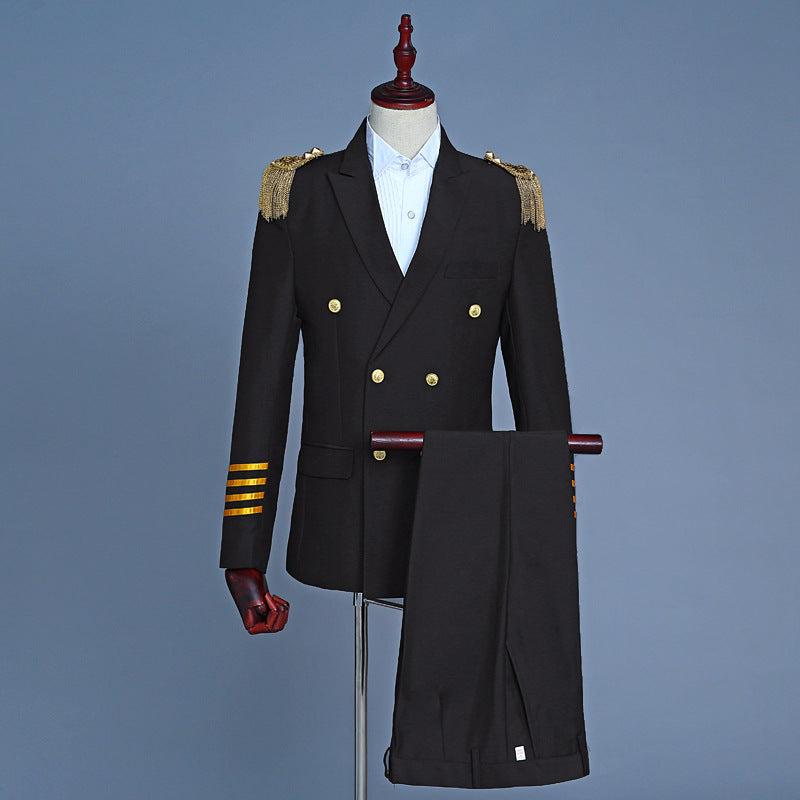 IKEARLAX  Men's Captain Suit Suit Double Breasted Suit Evening Party Tassel Epaulet Military Uniform Performance Suit Photo Studio Photography Dress