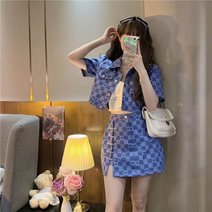 Chanel Suit Women's Summer Wear  New Design Sense Love Plaid Short Short Sleeve Jacket Two-Piece Set