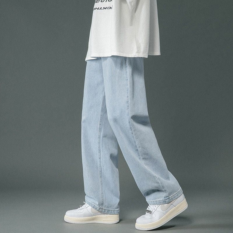 Pure Color Washed Jeans Men's Spring High Street Fashion Brand Baggy Straight Trousers Hong Kong Style Handsome Hip Hop Wide-Leg Casual Pants