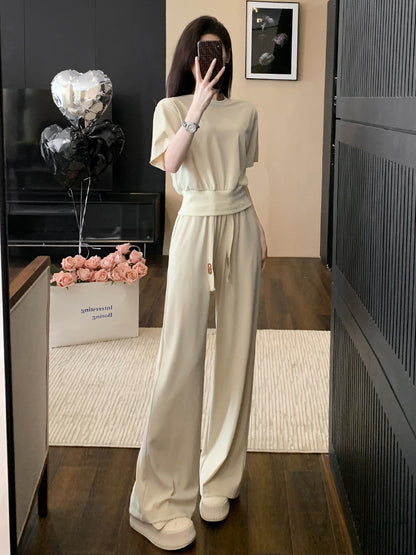 High-End Casual Sports Suit Women's Summer Wear Slimming and Fashionable Anti-Aging Elegant Solid Color Short-Sleeved Wide-Leg Pants Two-Piece Set