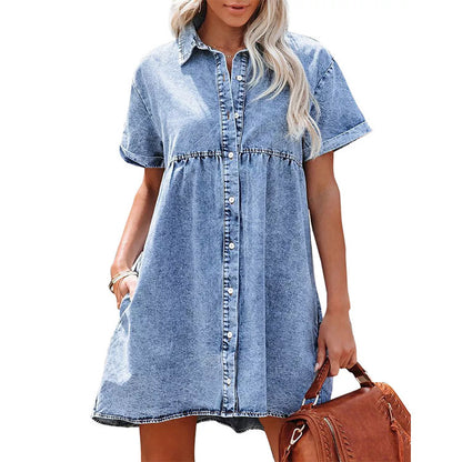 IKEARLAX Cross-Border Foreign Trade  European and American Washed Denim Lapel Loose Sweet Lotus Leaf Dress Short Skirt New