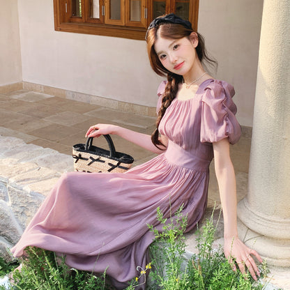 ikearlax Retro Tencel Dress Female  Summer New Elegant Slightly Mature Square Collar Puff Sleeve Slimming Long Dress