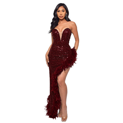 IKEARLAX  Cross Border Women's Tube Top Backless Dress  EBay Pure Desire Temperament Feather Sequins Dress