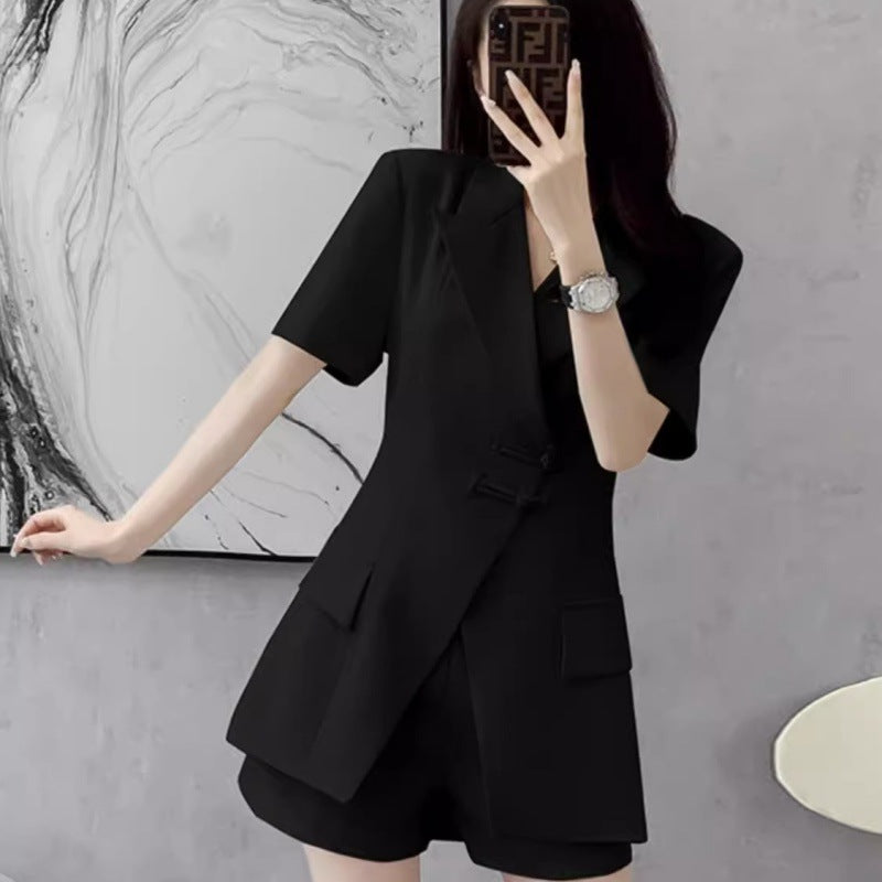 New Style Small High Sense Suit Women's Summer Wear Plump Girls Tummy Hiding Fat Hiding Short Sleeve Shorts Two-Piece Set