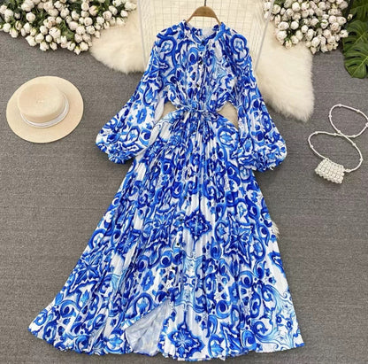 IKEARLAX  High-Grade Light Luxury Temperament Lantern Long Sleeve round Neck Waist Trimming Slimming Single-Breasted Printed Dress Elegant Long Dress