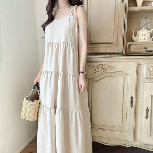 IKEARLAX Summer Popular  Strap Dress Retro V-neck Easy to Match Sweet Solid Color Midi Dress Cake Dress Women's