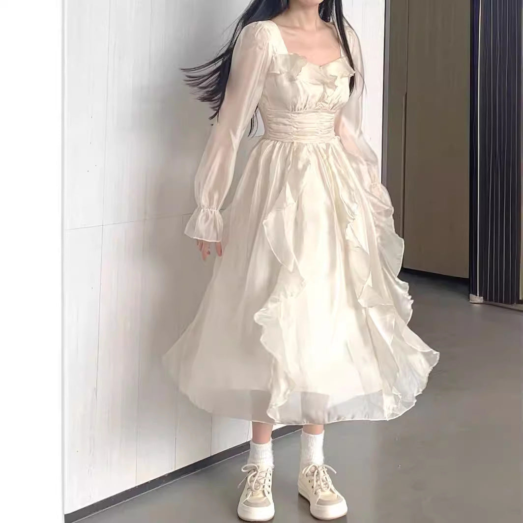 IKEARLAX  Spring and Autumn  Style White Dress Women's First Love Sweet Adult Ceremony Dress Puff Sleeve Dress Fairy Dress