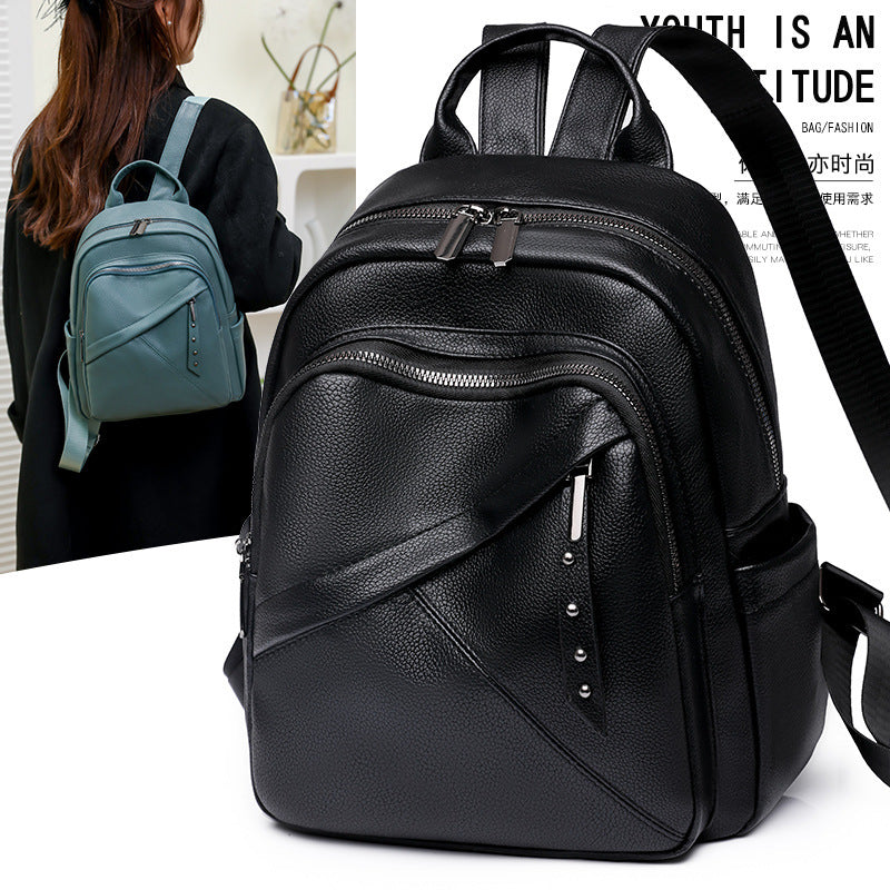 Cross-Border Soft Leather Women's Pu Backpack Pure Color All-Matching Waterproof Backpack High-Grade Soft Leather Women's Bag Wholesale