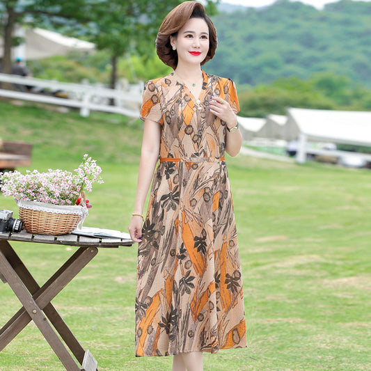 IKEARLAX Floral Dress Female  New Middle-Aged Mother Wear Covering Belly Thin Temperament plus Size Printing Long Dress Summer