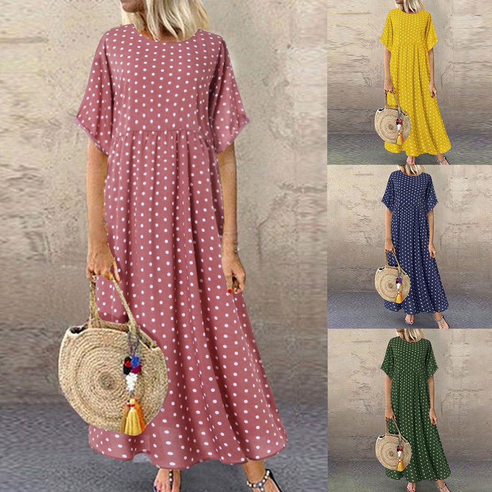 IKEARLAX Cross-Border Foreign Trade Polka Dot Dress Women  Summer New round Neck Short Sleeve and Long Pattern Dress Women One Piece Dropshipping