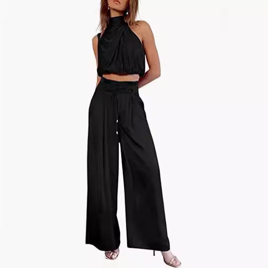 New Cross-Border E-Commerce Women's Casual Sleeveless Collar Two-Piece Suit Wide-Leg Pants for Summer Midriff-Baring Top