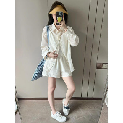 New RL Ruff Pony Embroidered Linen Suit Women's Summer Two-Piece Long-Sleeved Shirt High-Grade Shorts Suit Women's