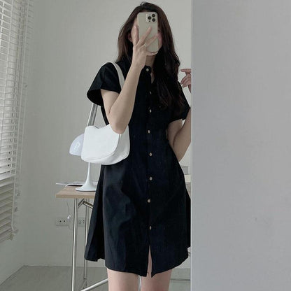 ikearlax South Korea Summer Simplicity Temperament Lapel Single Breasted Cinched Slimming Short Sleeves Shirt Style Small Size Dress