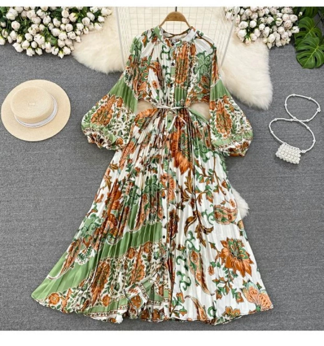 IKEARLAX  High-Grade Light Luxury Temperament Lantern Long Sleeve round Neck Waist Trimming Slimming Single-Breasted Printed Dress Elegant Long Dress