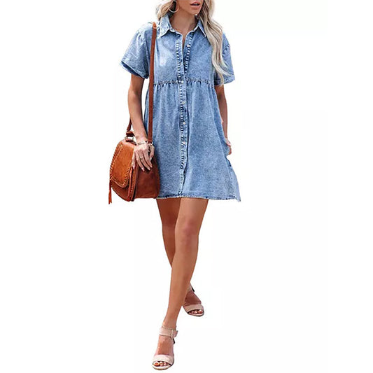 IKEARLAX Cross-Border Foreign Trade  European and American Washed Denim Lapel Loose Sweet Lotus Leaf Dress Short Skirt New