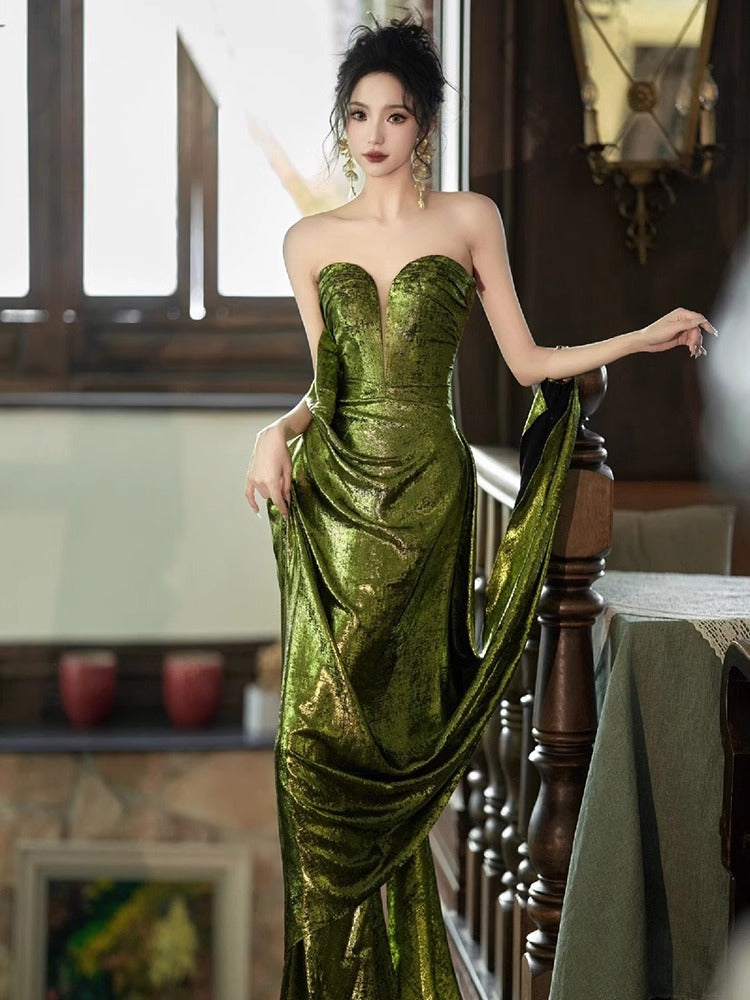 IKEARLAX  Green Tube Top Morning Gowns Fishtail Sequins Toast Dress Bride Marriage Engagement Sexy Backless Evening Dress Birthday Banquet