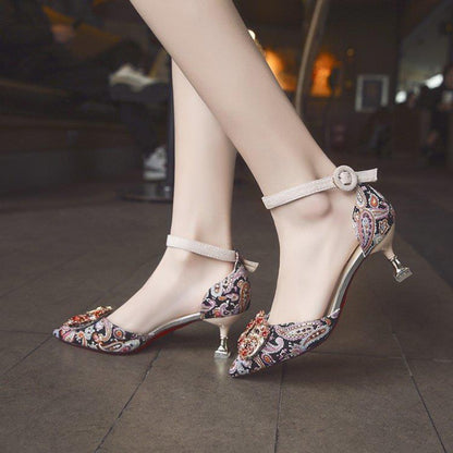 ikearlax Retro High Heels Cheongsam Pumps Printed Cloth Auspicious Phoenix Tail Pattern Women's Shoes with Buckle Stiletto Heel Hollowed Sandals