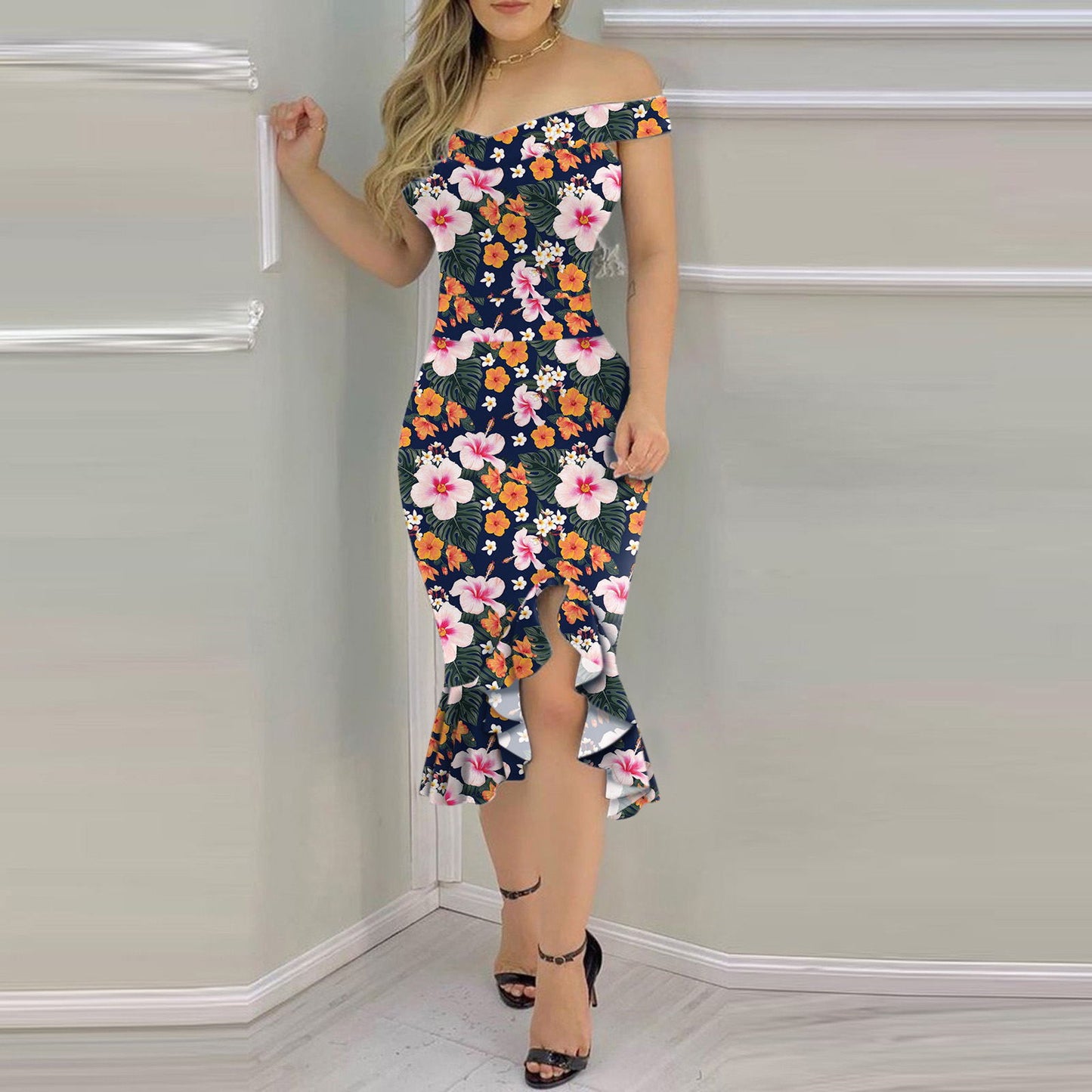 IKEARLAX European and American Foreign Trade  Summer Sexy off-Shoulder Non-Positioning Irregular Skinny Sheath Printing Dress in Stock