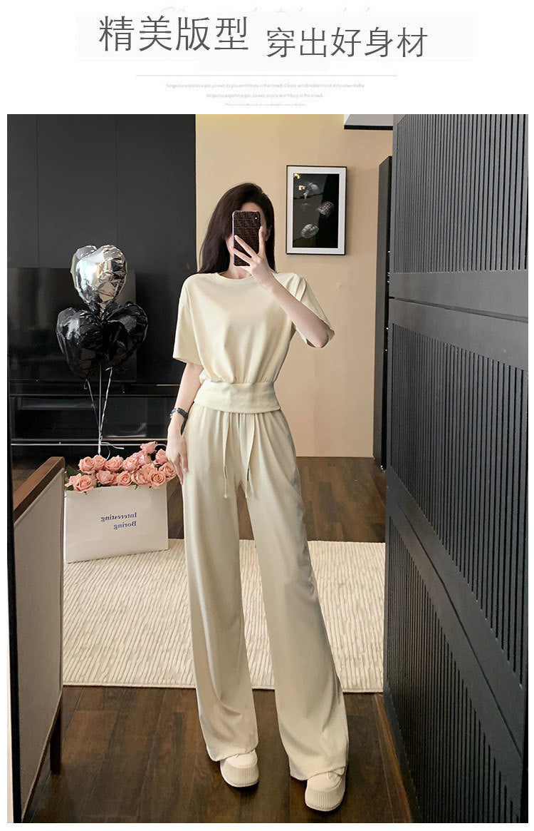 Design Casual Sports Suit Women's Summer Wear  New Younger Fashion Temperament Short Sleeve Wide Leg Pants Two-Piece Set