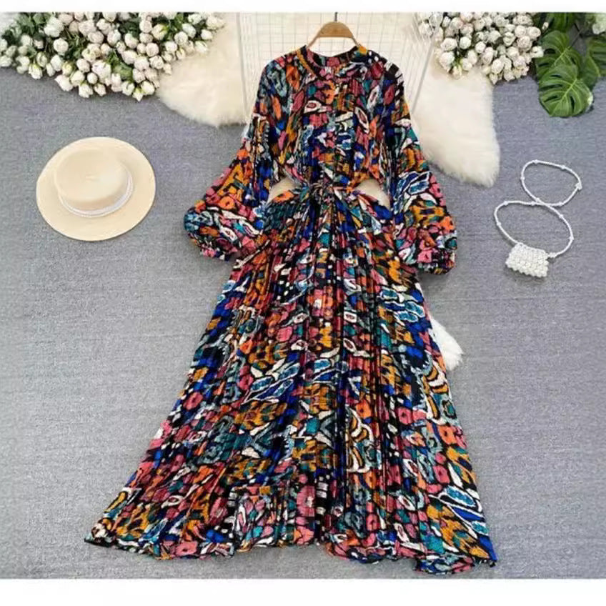 IKEARLAX  High-Grade Light Luxury Temperament Lantern Long Sleeve round Neck Waist Trimming Slimming Single-Breasted Printed Dress Elegant Long Dress