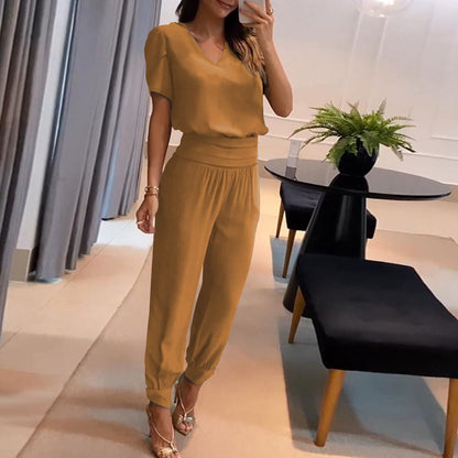 Cross-Border European and American Women's Clothing  New Fashion Casual V-neck Printing Short Sleeve Trousers Suit Two-Piece Set