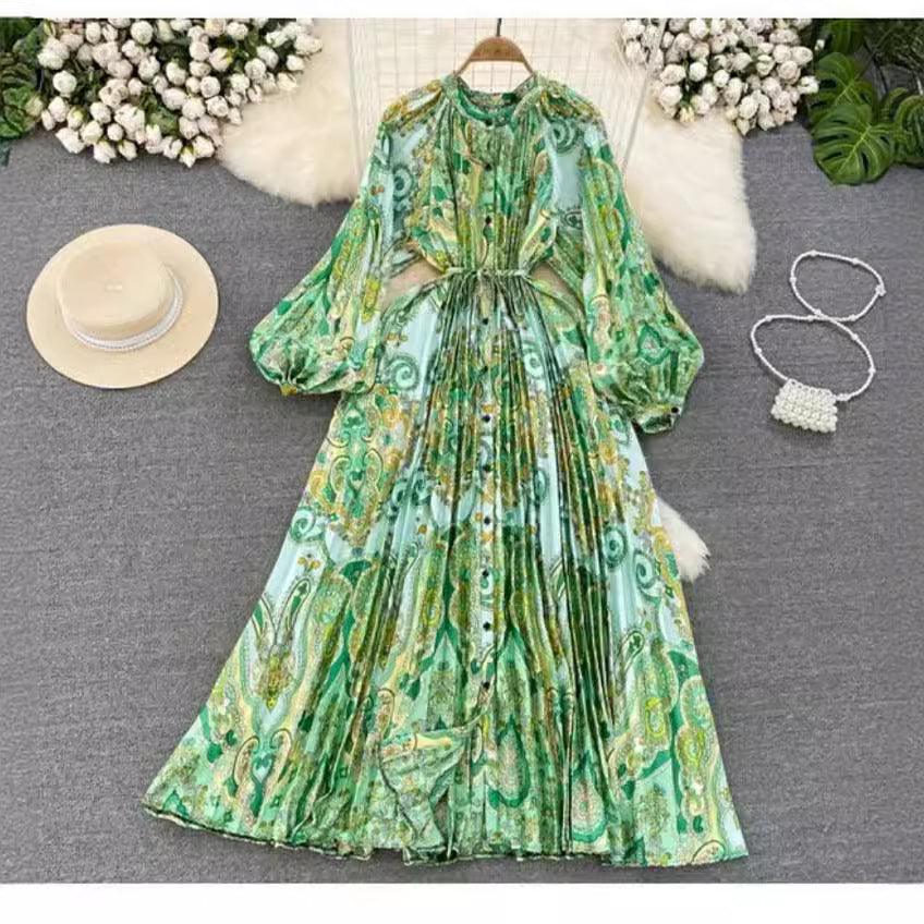 IKEARLAX  High-Grade Light Luxury Temperament Lantern Long Sleeve round Neck Waist Trimming Slimming Single-Breasted Printed Dress Elegant Long Dress