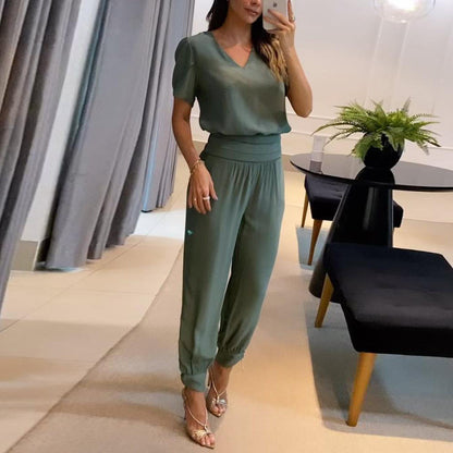 Cross-Border European and American Women's Clothing  New Fashion Casual V-neck Printing Short Sleeve Trousers Suit Two-Piece Set