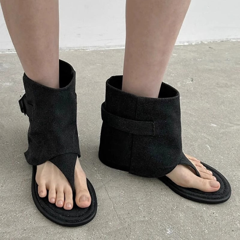 In Stock! Korean Style Spring and Summer New Height Increasing Insole Flip-Toe Buckle I  Style Loose Sleeve Short Pants Sandal Boots Women