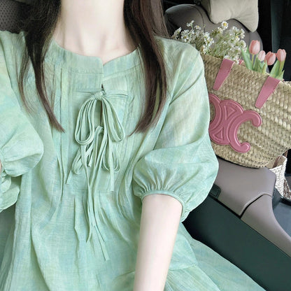 Mint Mambo Green New Chinese Style Fresh Tie-Dyed Dress Women's Summer Shirt Two-Piece Loose Long Skirt