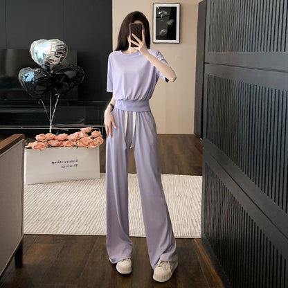 Design Casual Sports Suit Women's Summer Wear  New Younger Fashion Temperament Short Sleeve Wide Leg Pants Two-Piece Set