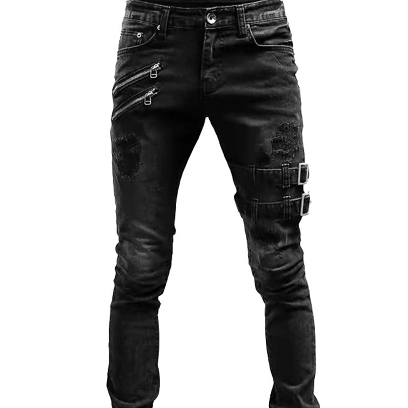 2024 Europe and America Cross Border  Wish Personality Trend Worn Ripped Motorcycle Skinny Jeans Men J019