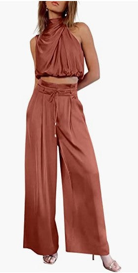 New Cross-Border E-Commerce Women's Casual Sleeveless Collar Two-Piece Suit Wide-Leg Pants for Summer Midriff-Baring Top