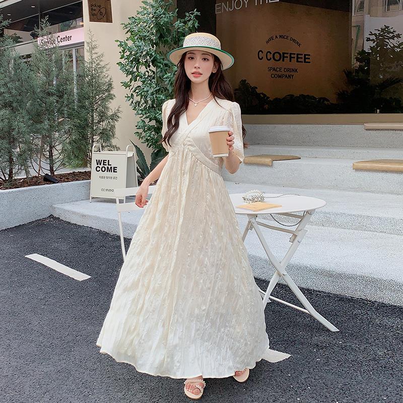 IKEARLAX  Factory V-neck Dress Women's Summer High Waist Slimming Fairy Lady Super Fairy This Year Popular High-Grade Beautiful below the Knee Long Dress