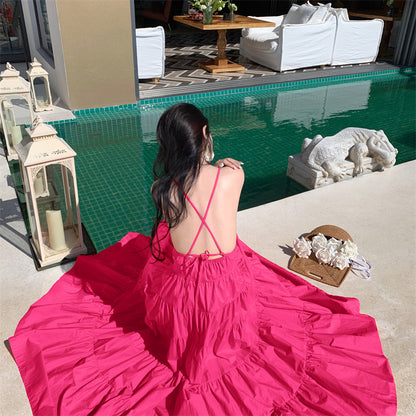 ikearlax Yunnan Travel Photography Fairy Dress Rose Red Deep V-neck Backless Sling Dress Sanya Seaside Beach Skirt Female