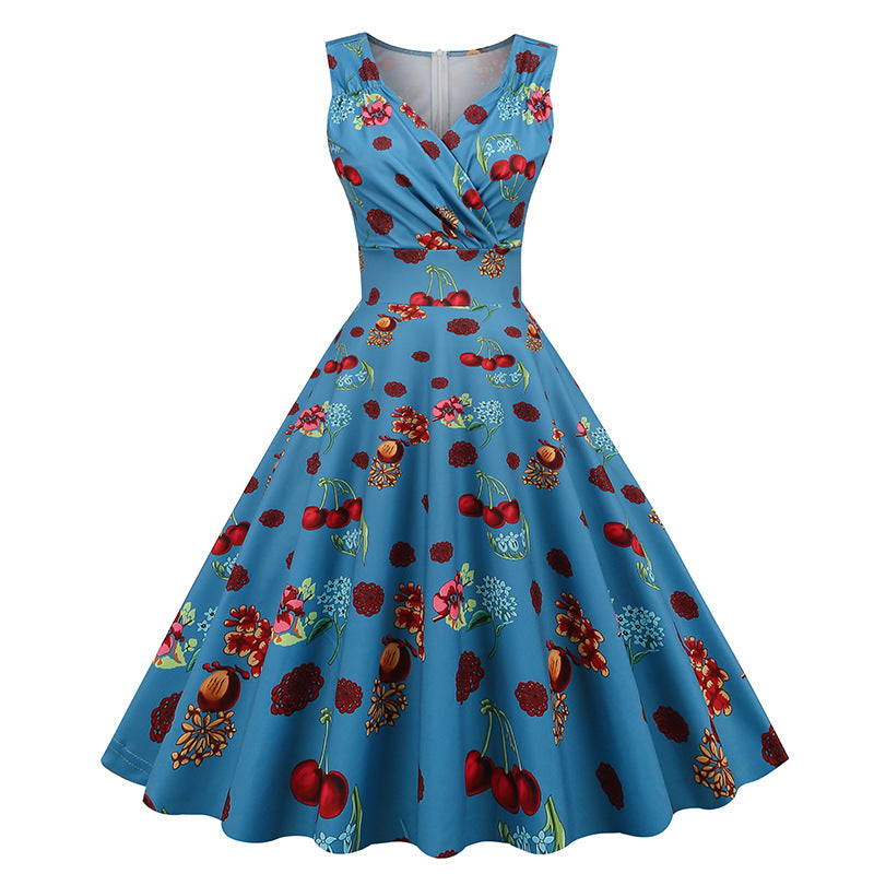 ikearlax Cross-Border  Women's New 50 S60s Hepburn Style Vintage Printing Dress Floral Dress