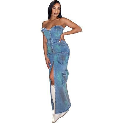 IKEARLAX In Stock Cm8702 Cross-Border New Arrival 3D Pocket Sexy Bandeau One-Shoulder Tie-Dye Split Tooling Bag Denim Dress