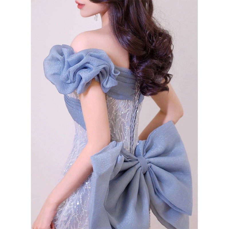 IKEARLAX  Evening Dress High-End Elegant High-Grade Fairy  New High-Grade Dress Fishtail Bow off-Shoulder