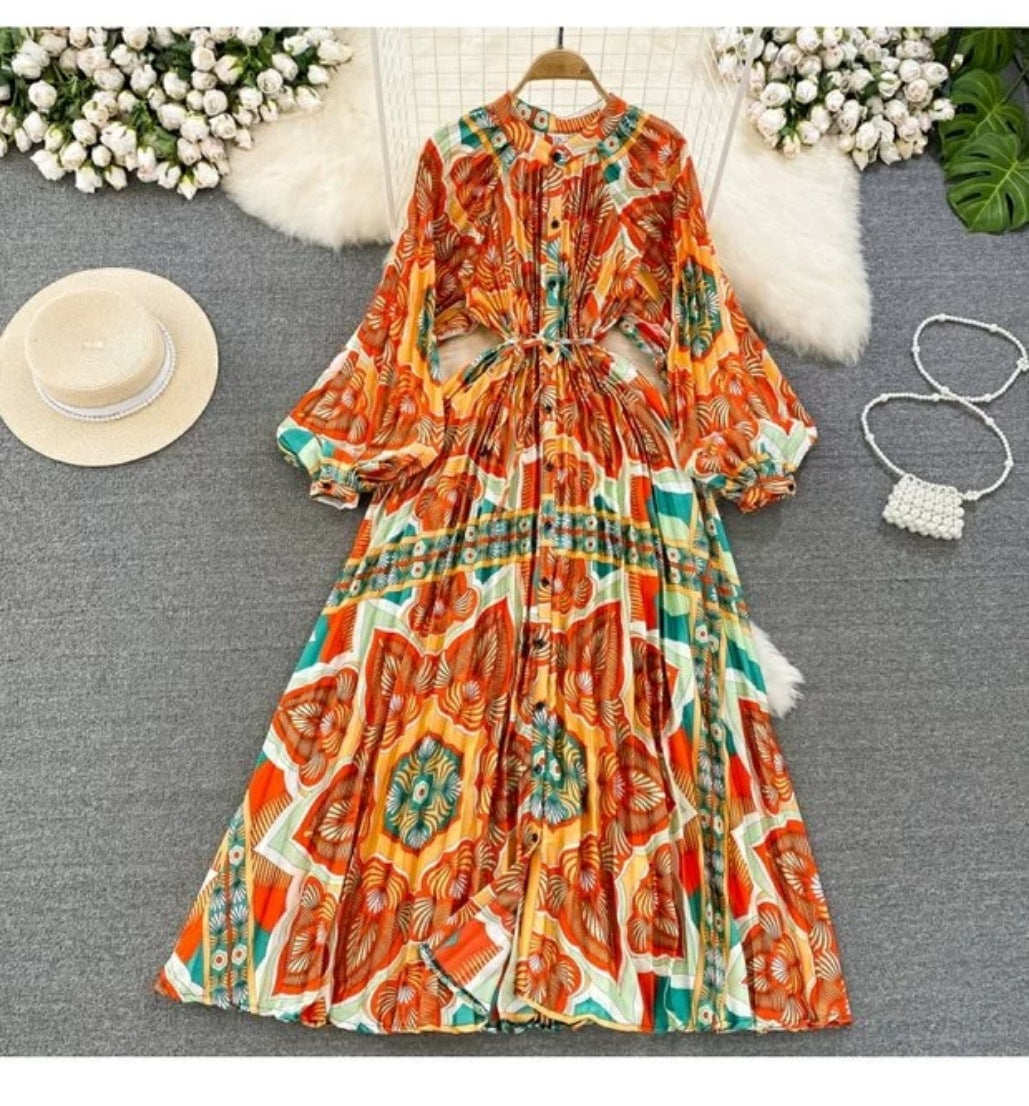 IKEARLAX  High-Grade Light Luxury Temperament Lantern Long Sleeve round Neck Waist Trimming Slimming Single-Breasted Printed Dress Elegant Long Dress