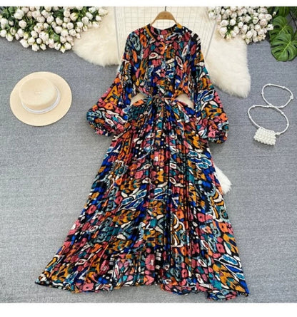 IKEARLAX  High-Grade Light Luxury Temperament Lantern Long Sleeve round Neck Waist Trimming Slimming Single-Breasted Printed Dress Elegant Long Dress