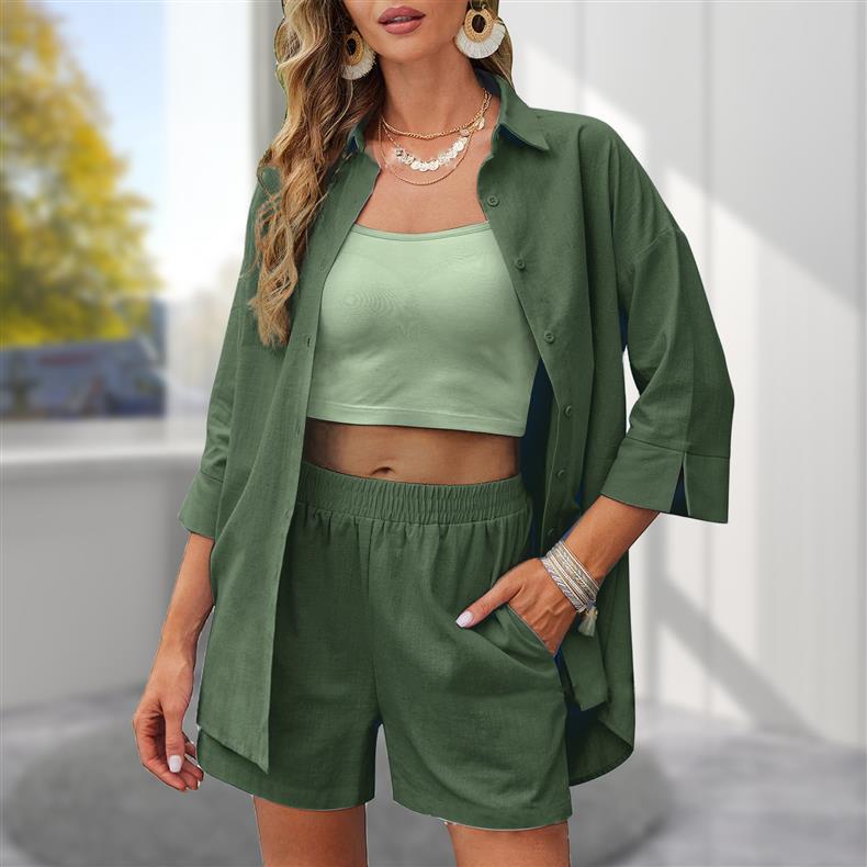 Cross-Border  Summer Fashion Shorts Two Pieces Solid Color Shirt Outfit Female Temperament Casual Loose Short Sleeves