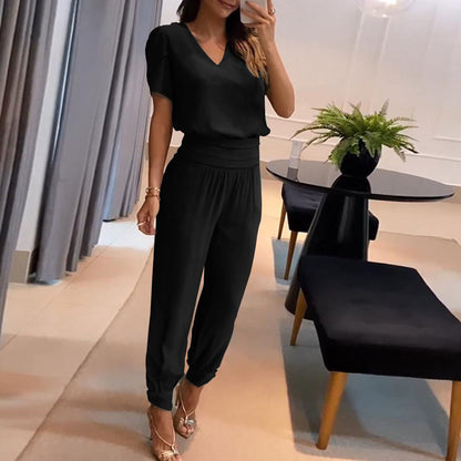 Cross-Border European and American Women's Clothing  New Fashion Casual V-neck Printing Short Sleeve Trousers Suit Two-Piece Set