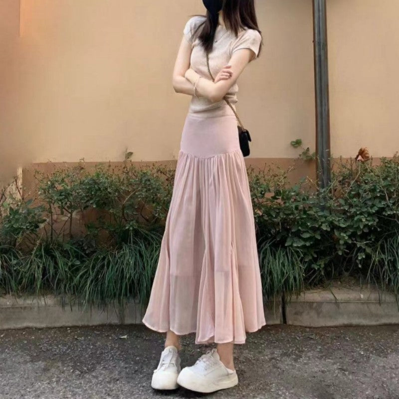 Small Gentle and Slim-Fit Fishtail Skirt Long Twinset New Style Pink High Waist A- line Fairy Skirt Women's Fashion