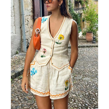 Cross-Border  European and American Spring/Summer New Sleeveless Printing Vest Suit Ins Casual Loose Vacation Two-Piece Set for Women