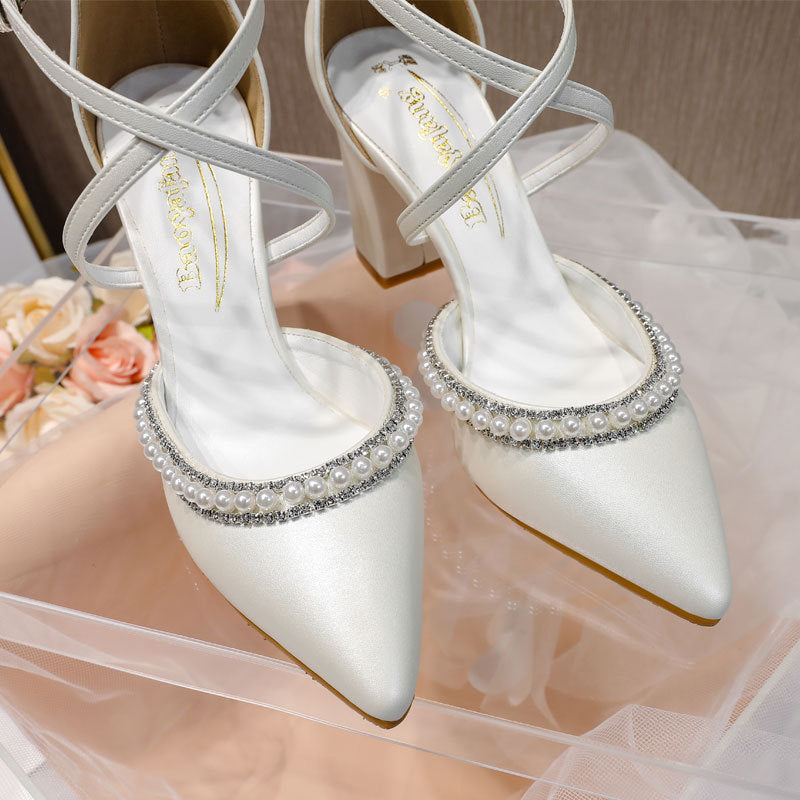 ikearlax Cross-Border High Heels Pointed Toe Chunky Heel Cross Strap Rhinestone Pearl Decoration White Wedding Bridal Shoes Banquet Women's Shoes 43