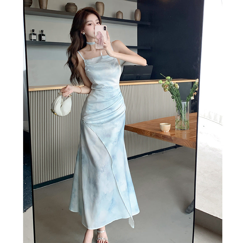 IKEARLAX Elegant Women's Clothing High Sense Printing Slip Dress  New Women's Summer Slimming Fitted Waist Pleated Fishtail Dress